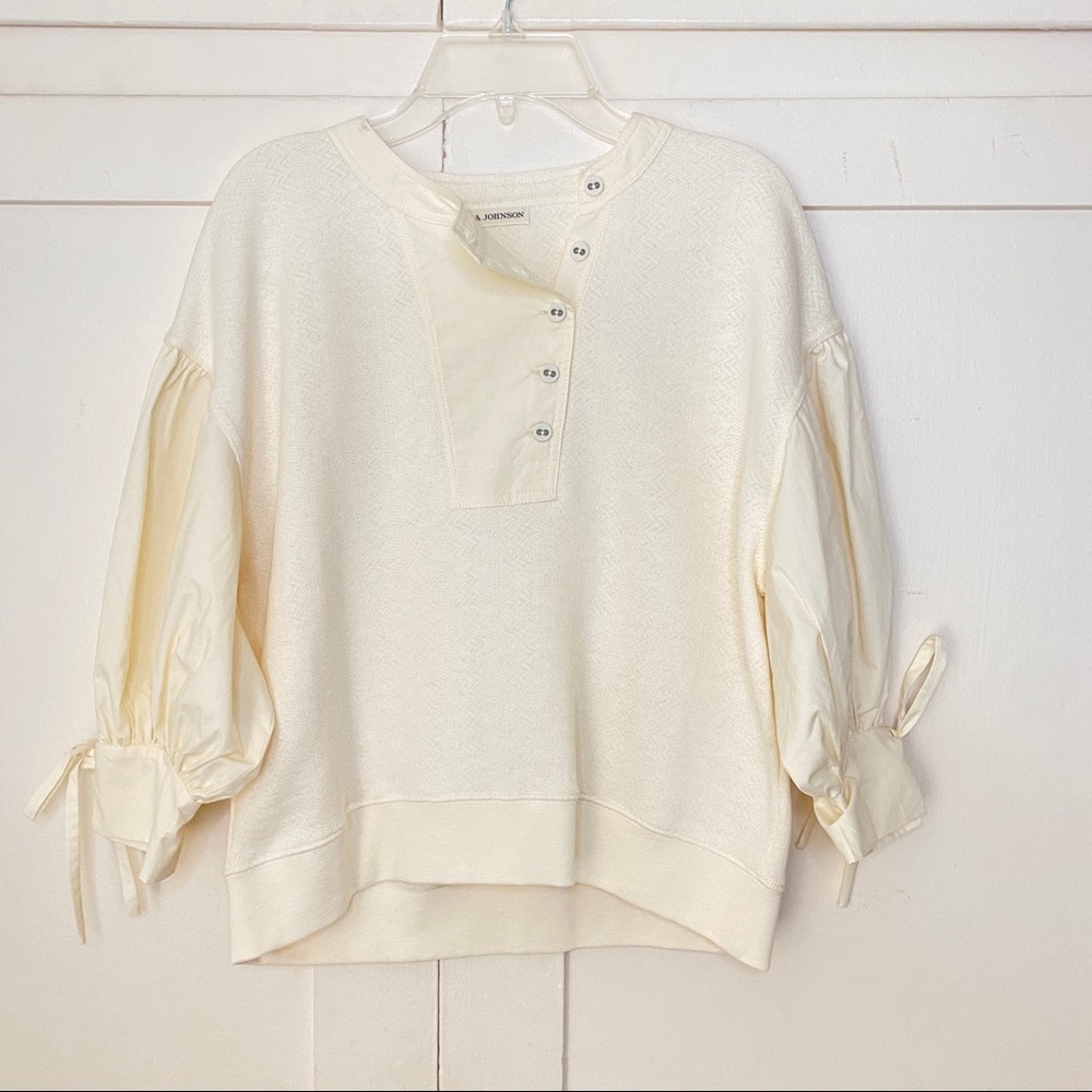 Ulla Johnson Cream Puff-Sleeve Henley Sweatshirt